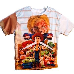 Chucky Doll Killer Toy Story  Woody Buzz Light Year Graphic Print T-Shirt Size L